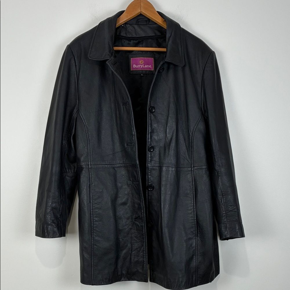 Burry Lane Women’s XL Black Leather Jacket Hip Length Button Front Belted